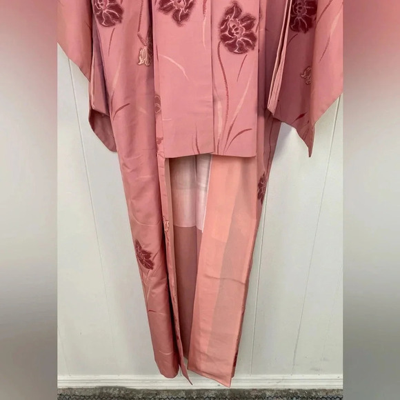 Kimono Japanese Vtg Silk Coats Jackets Haori Cardigan Pink Floral Long OS* - Picture 3 of 16